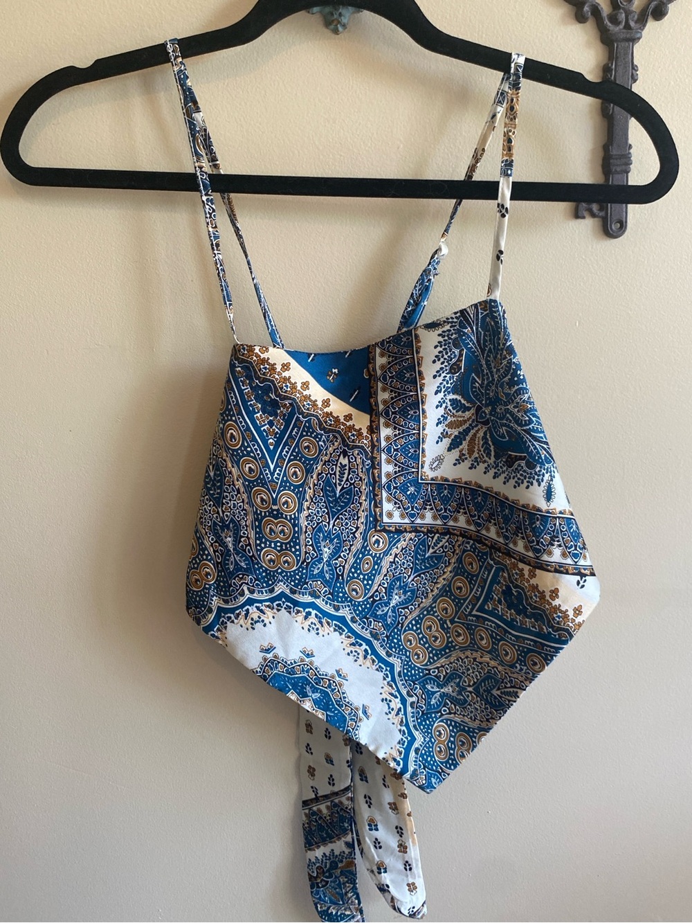 SHEIN Blue and White Paisley Handkerchief Hem Cami Top